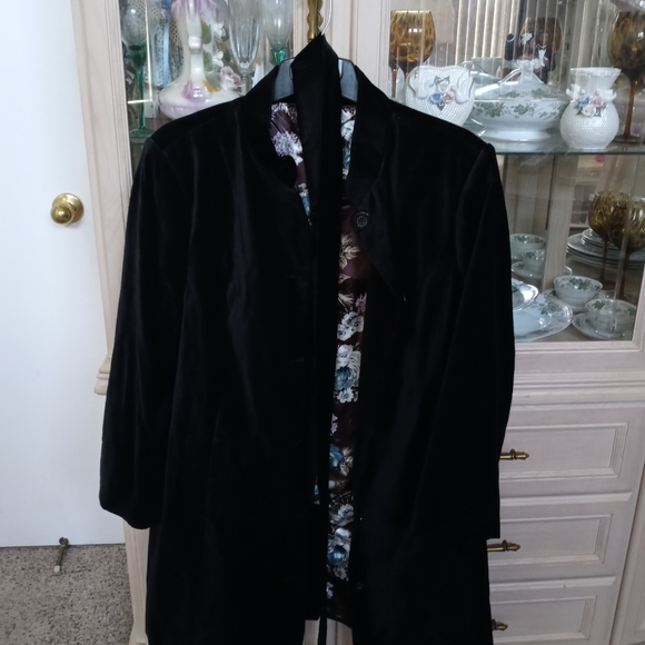 Dennis Basso Black Suede Sz 2X Floral Lined Dress Coat, Garment Bag Purple Blue - Picture 1 of 11